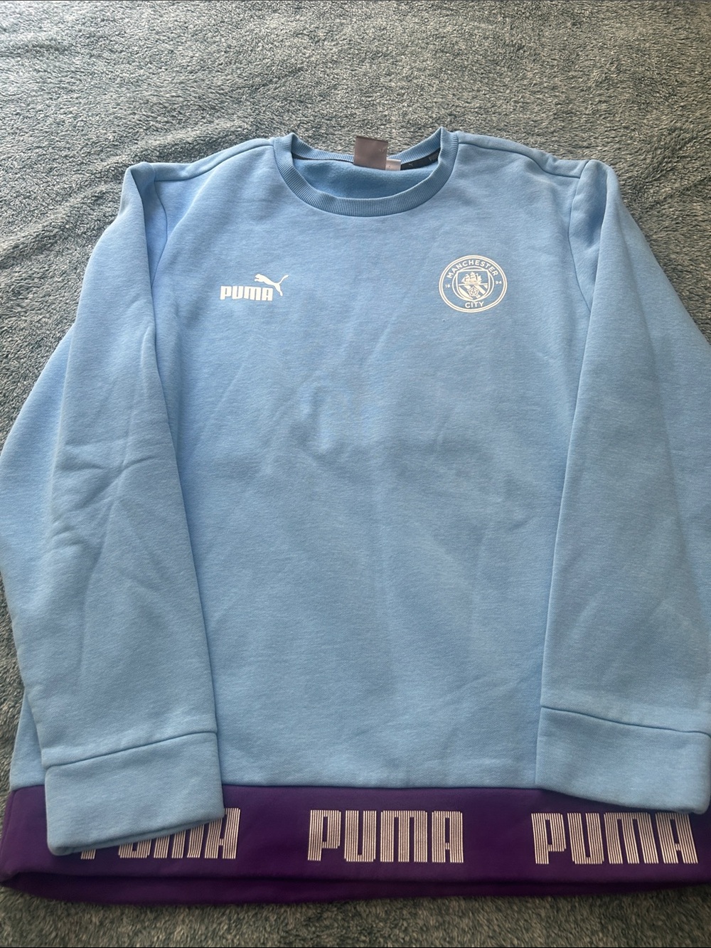 Puma Light Blue Men’s Manchester City Crewneck Sweatshirt with Purple Trim